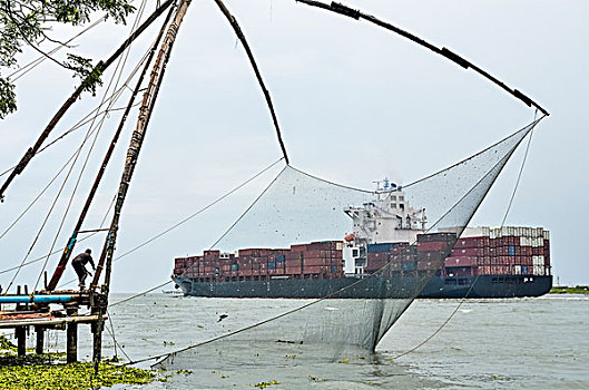 中国,渔网,集装箱船,背景,高知,地区,喀拉拉,印度