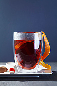 玻璃杯,热红酒,桔皮