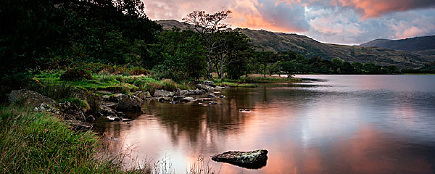 全景,风景,日出,上方,湖,山,背景