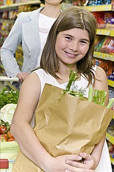 女孩,纸袋,蔬菜,超市