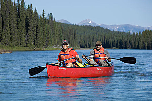 两个,年轻,男人,独木舟,涉水,河,山峦,后面,育空地区,加拿大
