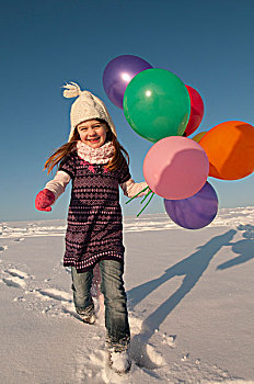 女孩,跑,气球,冬天