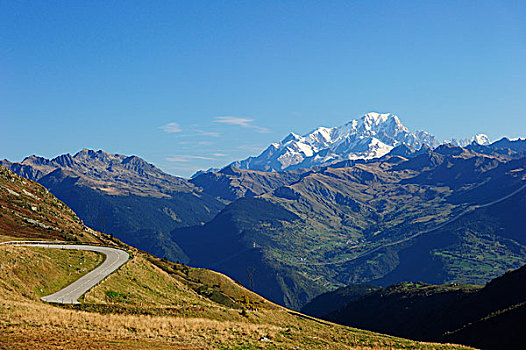 道路,向上,雪冠,顶峰,勃朗峰,山丘,背影,阿尔卑斯山,法国,欧洲