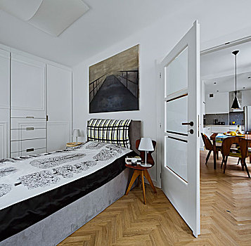 卧室,白色,合适,衣柜,单人床,黑白,床上用品,风景,厨房