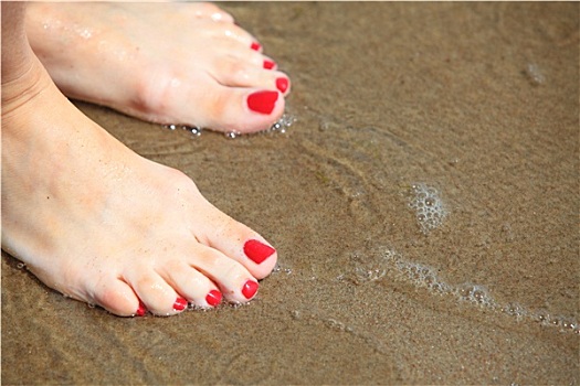 女人,脚,红色,修脚,放松,沙滩
