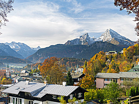 城镇,山,瓦茨曼山,国家公园,巴伐利亚,德国,大幅,尺寸