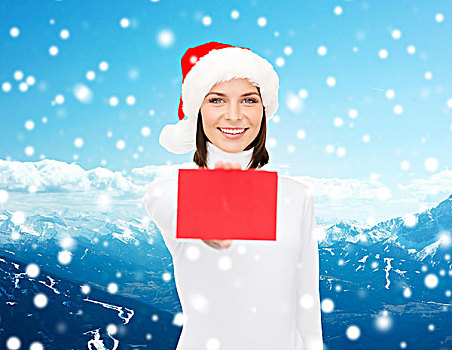 圣诞节,人,广告,销售,概念,高兴,女人,圣诞老人,帽子,留白,红牌,上方,雪山,背景