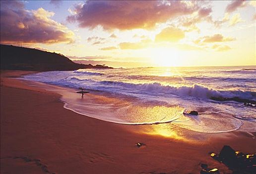 夏威夷,瓦胡岛,北岸,俯视,威美亚湾,日落,冲浪,站立,海滩