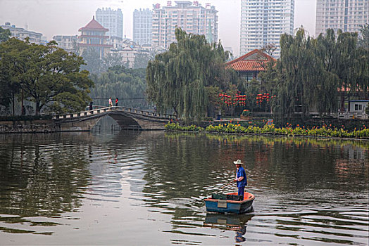 翠湖公园,工作,早晨,清洁,湖,船,昆明,中国