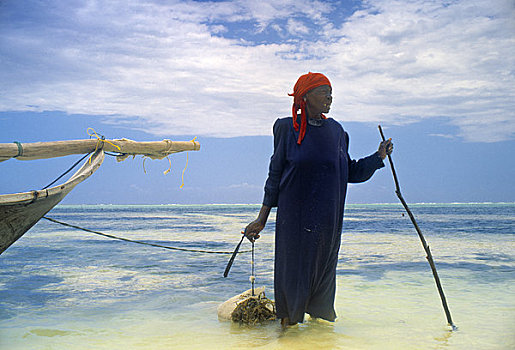 女人,海滩,桑给巴尔岛,坦桑尼亚