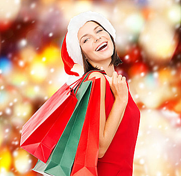 购物,销售,礼物,圣诞节,概念,微笑,女人,红裙,圣诞老人,帽子,购物袋
