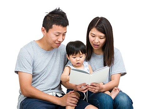 亚洲家庭,读,书本,一起