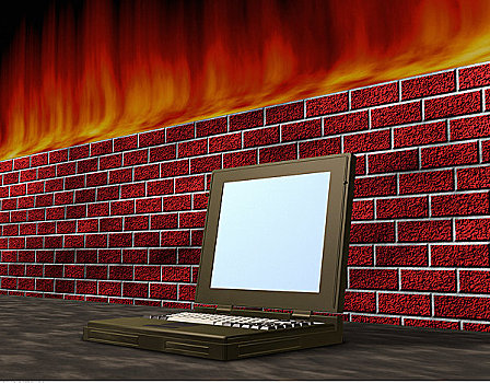 笔记本电脑,靠近,砖墙,火焰