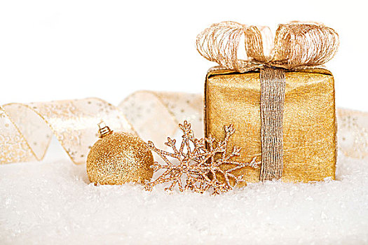 礼盒,金色,装饰,雪中,圣诞节,概念