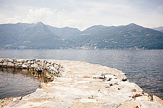 石头,码头,弯曲,水,山脉,伦巴第,意大利