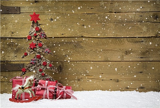 圣诞树,红色,礼物,雪,木质,背景