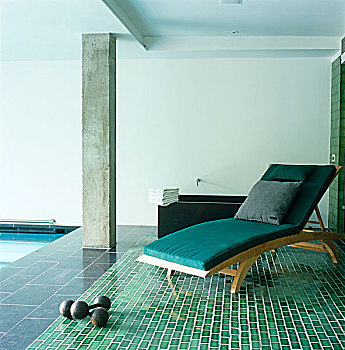 现代,柚木,太阳椅,地面,一个,尾端,内景,游泳池