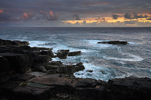 石头,海岸,大西洋,海洋,晚上,北方,高地,萨瑟兰,苏格兰,英国,欧洲
