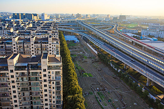 海曙,古林镇,机场路,互通立交,楼盘,高架,道路,楼房,蓝天,高架桥