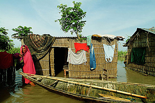 洪水,水,膝,水平,房子,生活方式,两个,孟加拉,七月,2004年