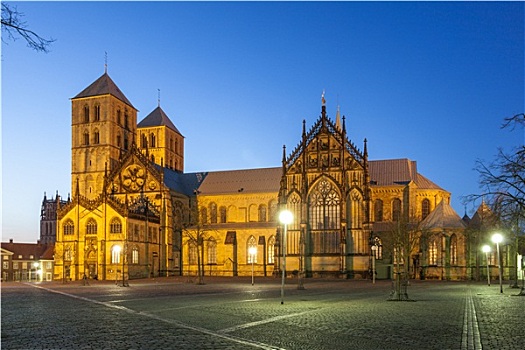 圣保罗大教堂,芒斯特,光亮,夜晚,北莱茵威斯特伐利亚,德国
