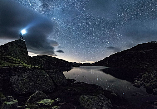 高山湖,银河,风景,后面,云,影象,星星,水,雷云,远足,头灯