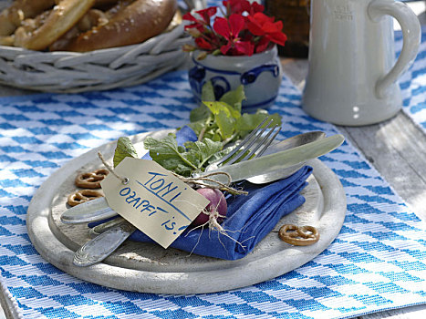 巴伐利亚,桌饰,木板,蓝色,餐巾