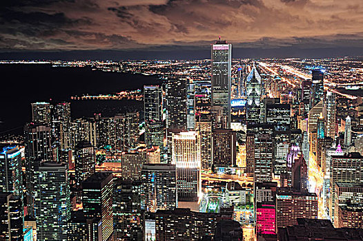 芝加哥,城市,航拍,黄昏