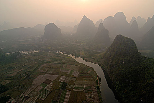 岩石,喀斯特地貌,风景,玉龙,河,稻田,靠近,阳朔,俯视,桂林,广西,亚洲