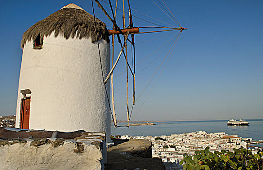 米克诺斯岛,希腊,城市,日出,白色,风车,高处
