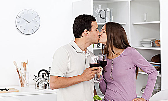 可爱,亲吻,玻璃杯,红酒,厨房