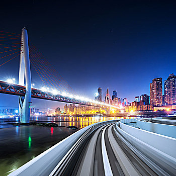 公路,城市,天際線,靠近,橋,重慶,夜晚