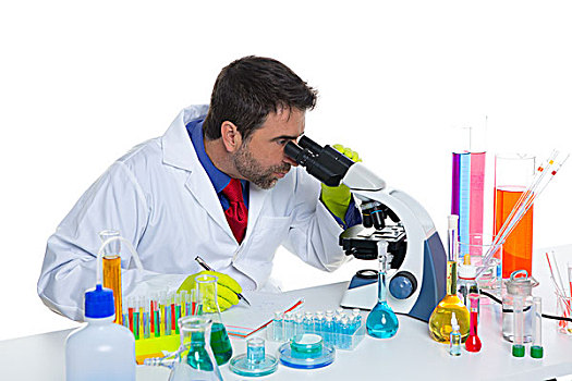 化学品,实验室,科学家,男人,看,显微镜