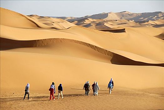 游客,远足,沙漠,利比亚