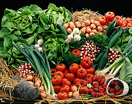 蔬菜,水果,构图,稻草