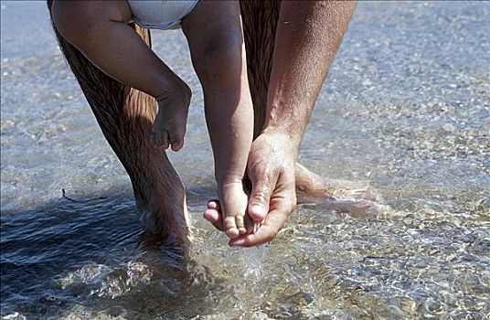 男人,父亲,孩子,婴儿,脚,洗,水,海滩,海洋,夏天,假日
