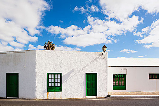 刷白,房子,绿色,窗户,门,兰索罗特岛,加纳利群岛,西班牙