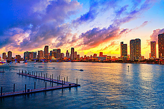 迈阿密,市区,天际线,日落,佛罗里达,美国
