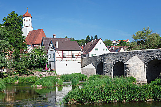 教堂,桥,咖啡,上方,浪漫大道,斯瓦比亚,巴伐利亚,德国