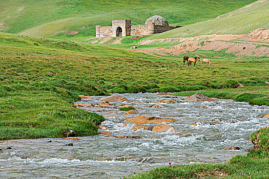 拉巴特,马,牧场,山,河,15世纪,驿站,省,吉尔吉斯斯坦,亚洲
