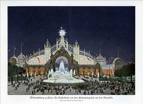 喷泉,宫殿,电,巴黎,世界,展示,19世纪,艺术家