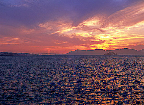 日落,上方,旧金山湾,旧金山