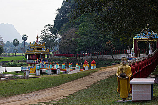 排,佛教,僧侣,雕塑,队列,后面,佛,缅甸