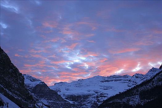 日落,上方,积雪,山峦,维多利亚山,班芙国家公园,艾伯塔省,加拿大