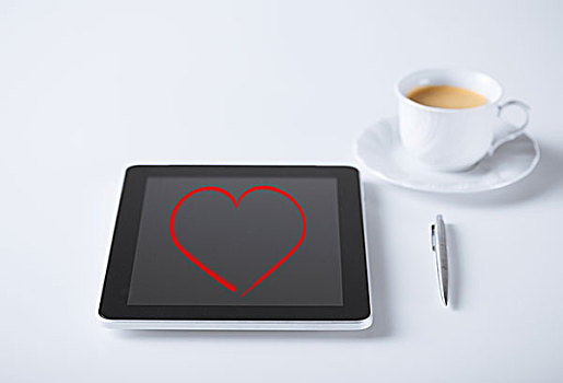 爱情,科技,概念,平板电脑,笔,咖啡杯