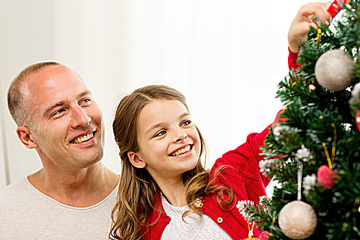 家庭,休假,人,概念,微笑,女孩,父亲,装饰,圣诞树,在家