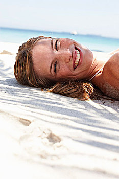 头像,高兴,女人,放松,荫凉,沙滩,微笑