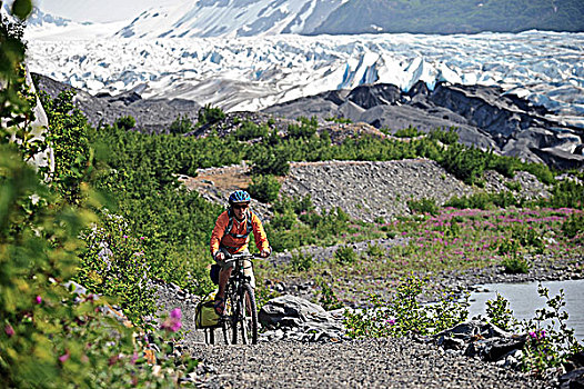女人,骑自行车,小路,冰河,楚加奇国家森林,肯奈半岛,阿拉斯加,夏天