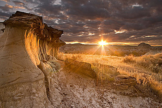 怪岩柱,日落,恐龙省立公园,艾伯塔省,加拿大