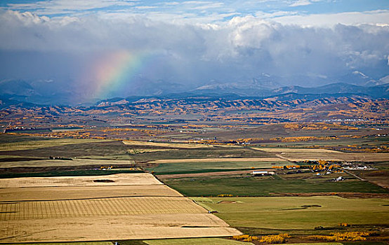 彩虹,俯视,山峦,乌云,彩色,秋天,土地,艾伯塔省,加拿大